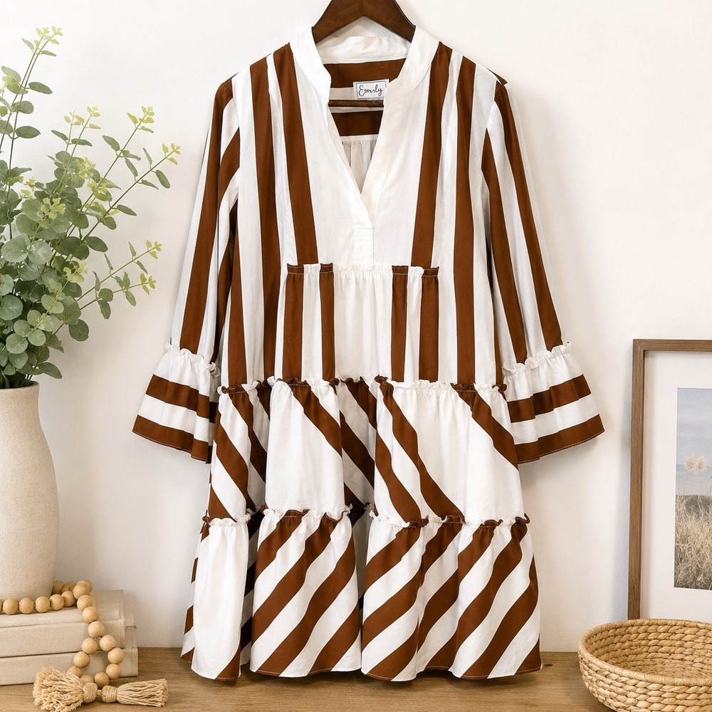 Everlily Women's Small Brown White Striped Tiered Midi Dress Ruffle Bell Sleeve
